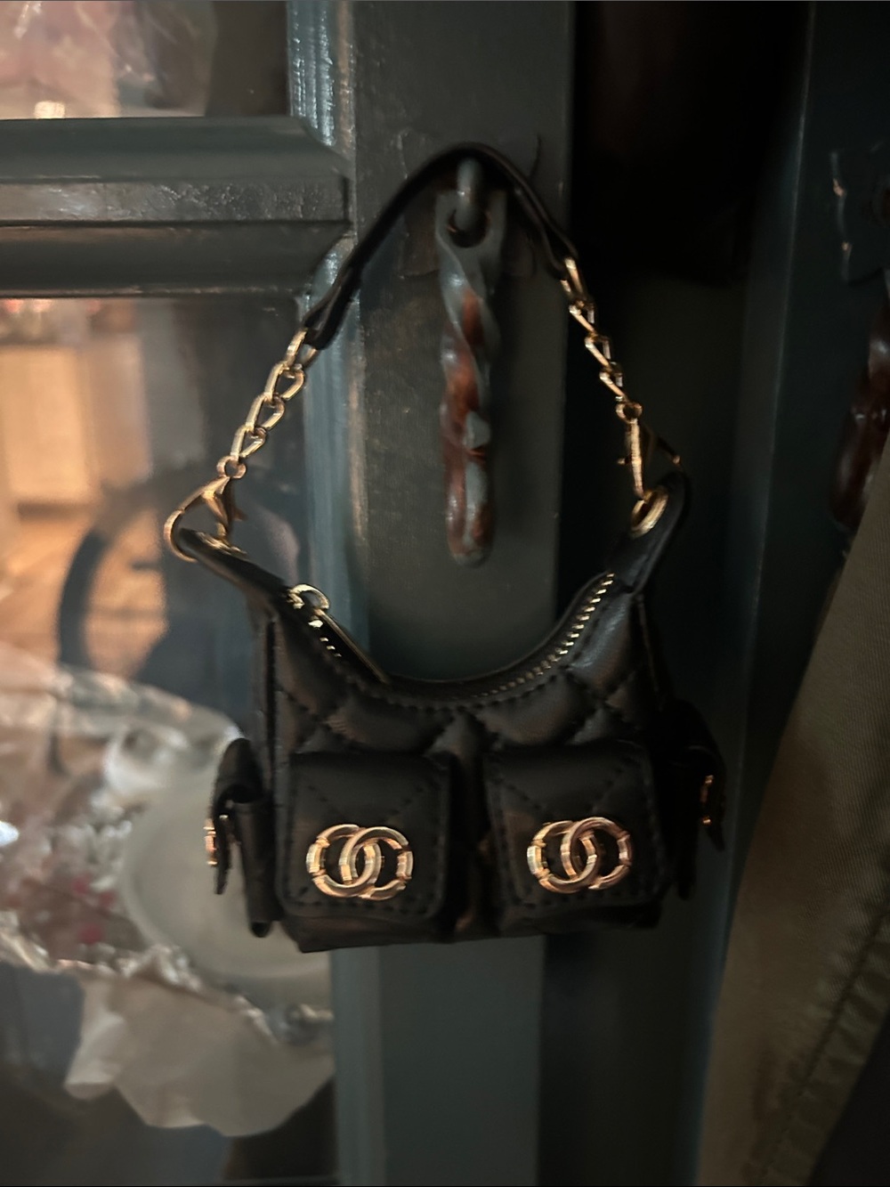 Black Quilted Mini Bag Charm- Gold Hardware